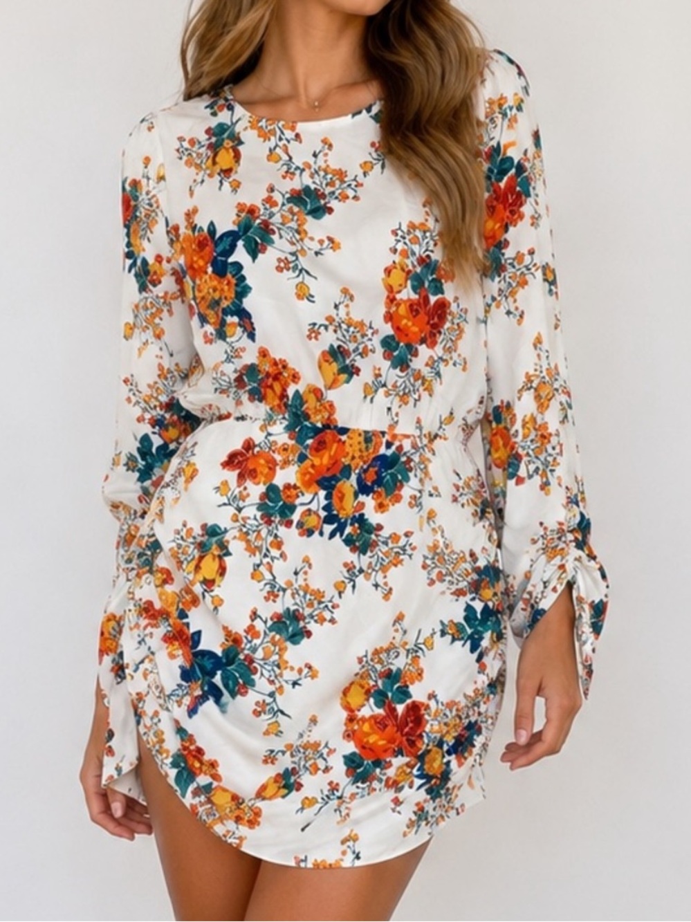 For love and lemons Mini Dress - White with Orange & Teal Bloom